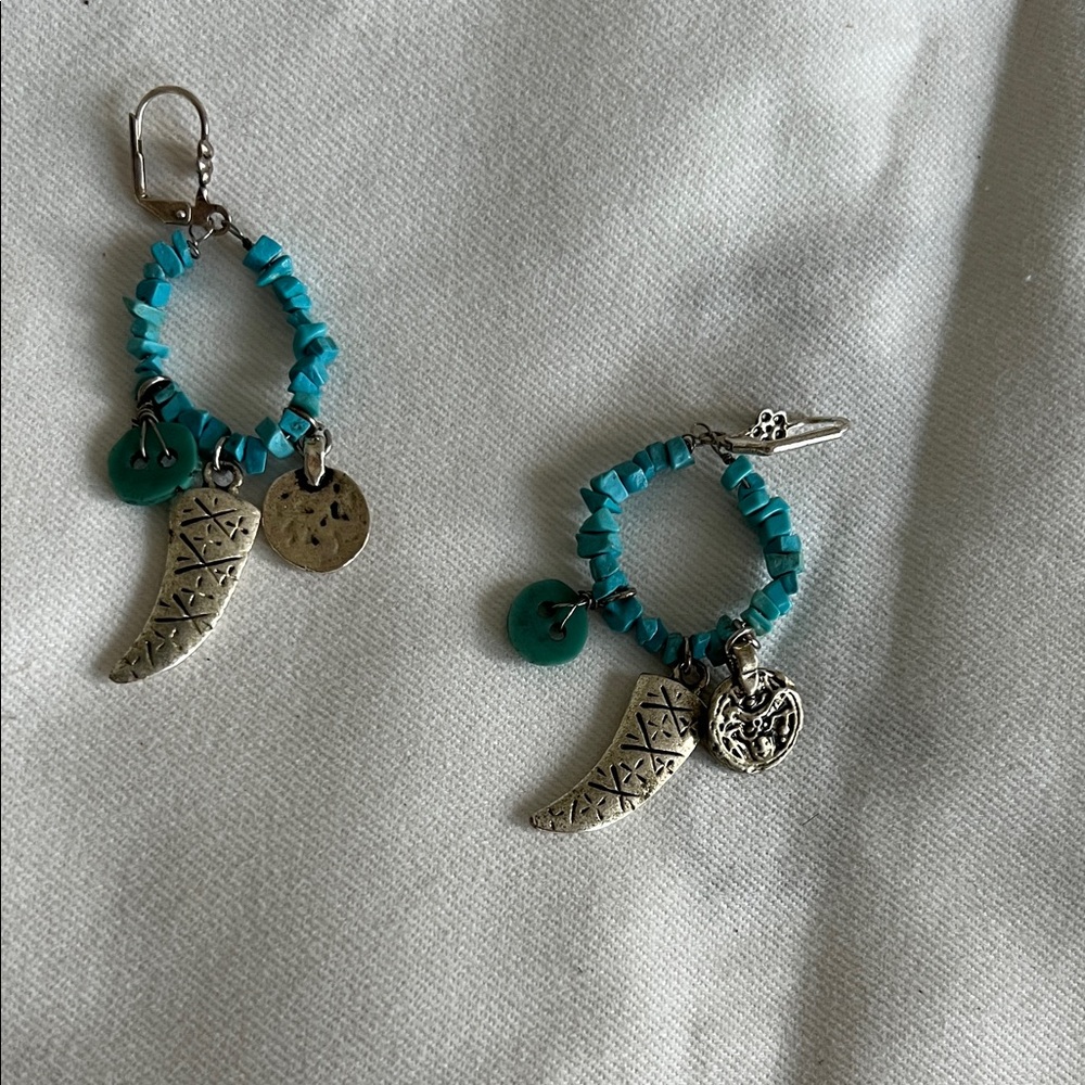 Turquoise Chip Hoop Earrings with Silver Charms
